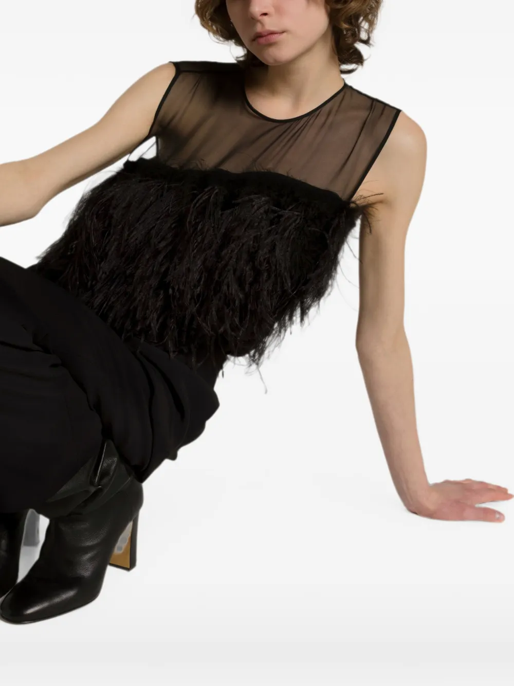 Alberta Ferretti Blouse met mesh vlak en veren Zwart
