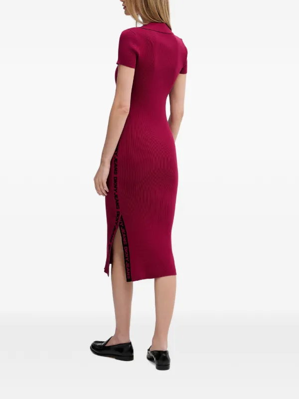 logo tape ribbed knit dress DKNY logo-tape ribbed-knit Midi | Red Stretch viscose
