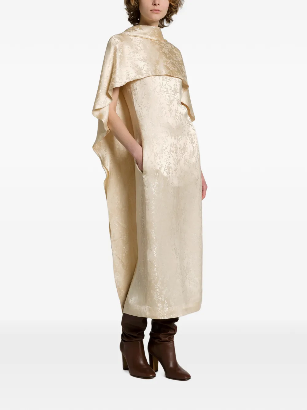 Alberta Ferretti Midi-jurk met bloemen-jacquard en cape Beige