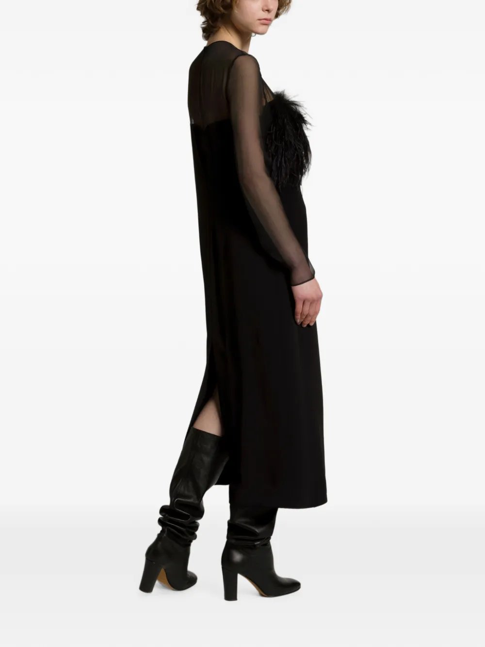 Alberta Ferretti Midi-jurk met doorzichtig vlak en veren Zwart