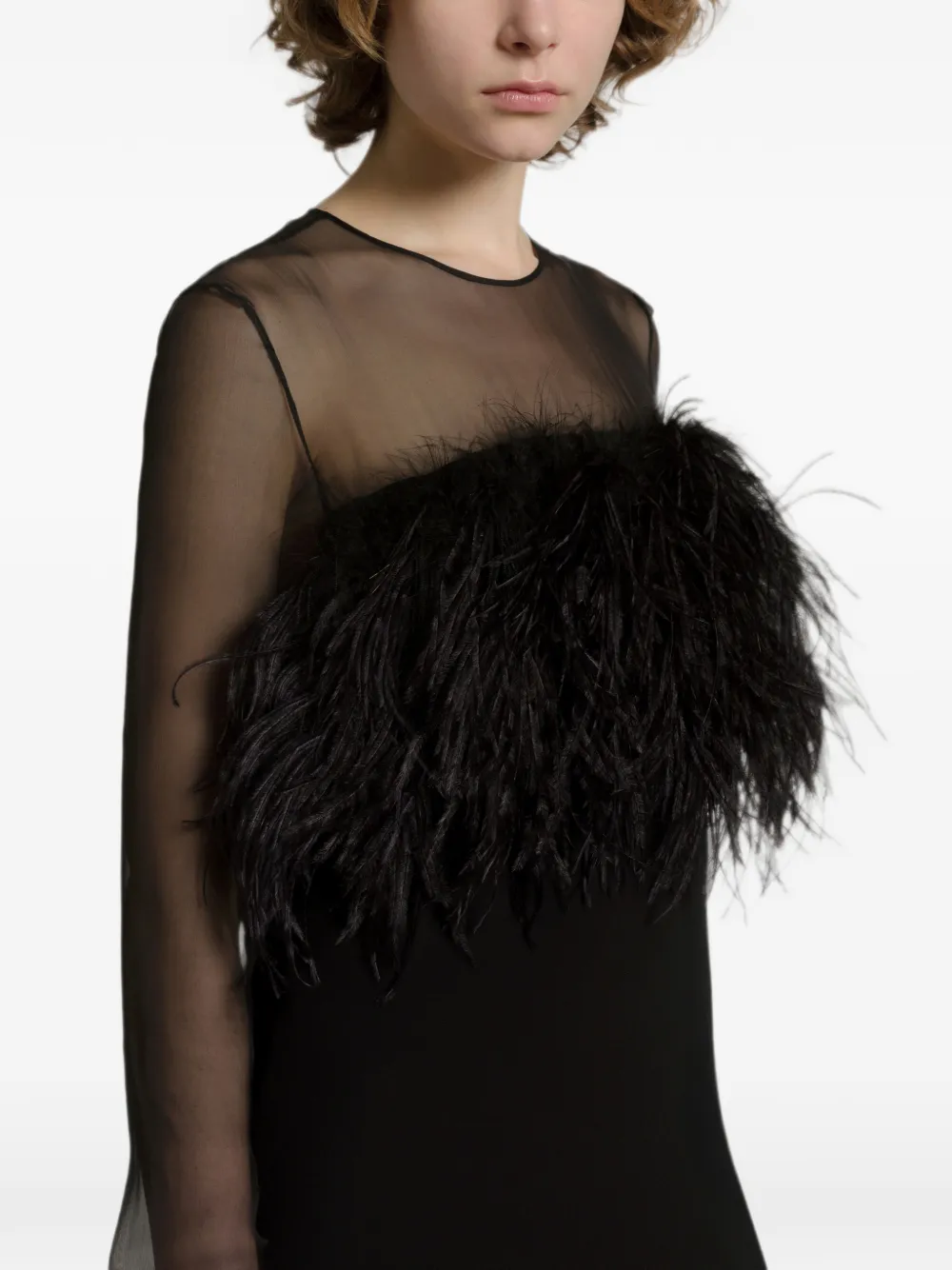 Alberta Ferretti Midi-jurk met doorzichtig vlak en veren Zwart