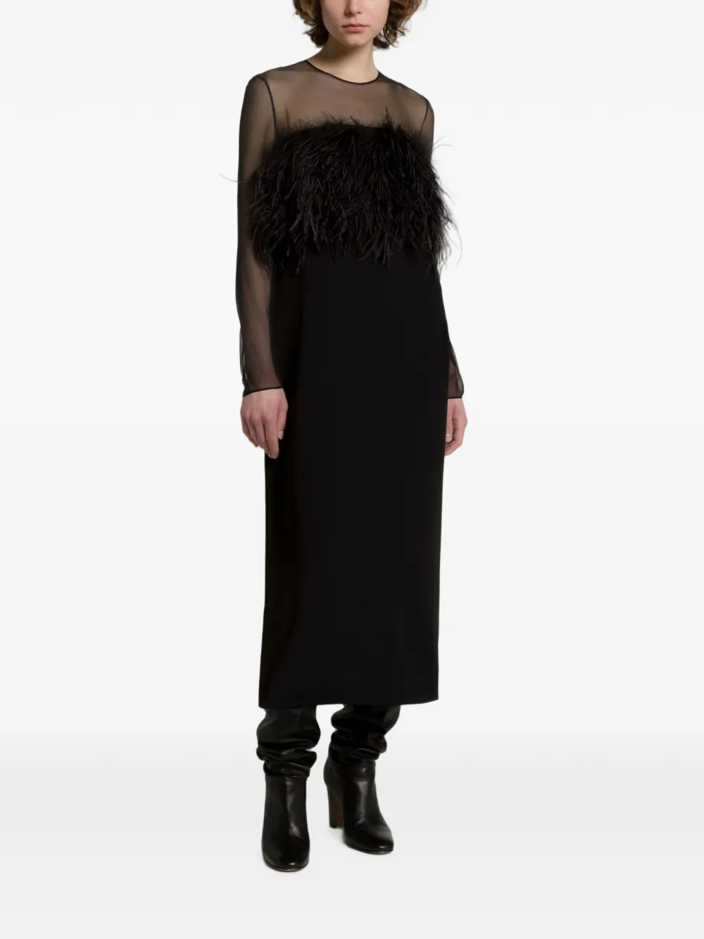 Alberta Ferretti Midi-jurk met doorzichtig vlak en veren Zwart