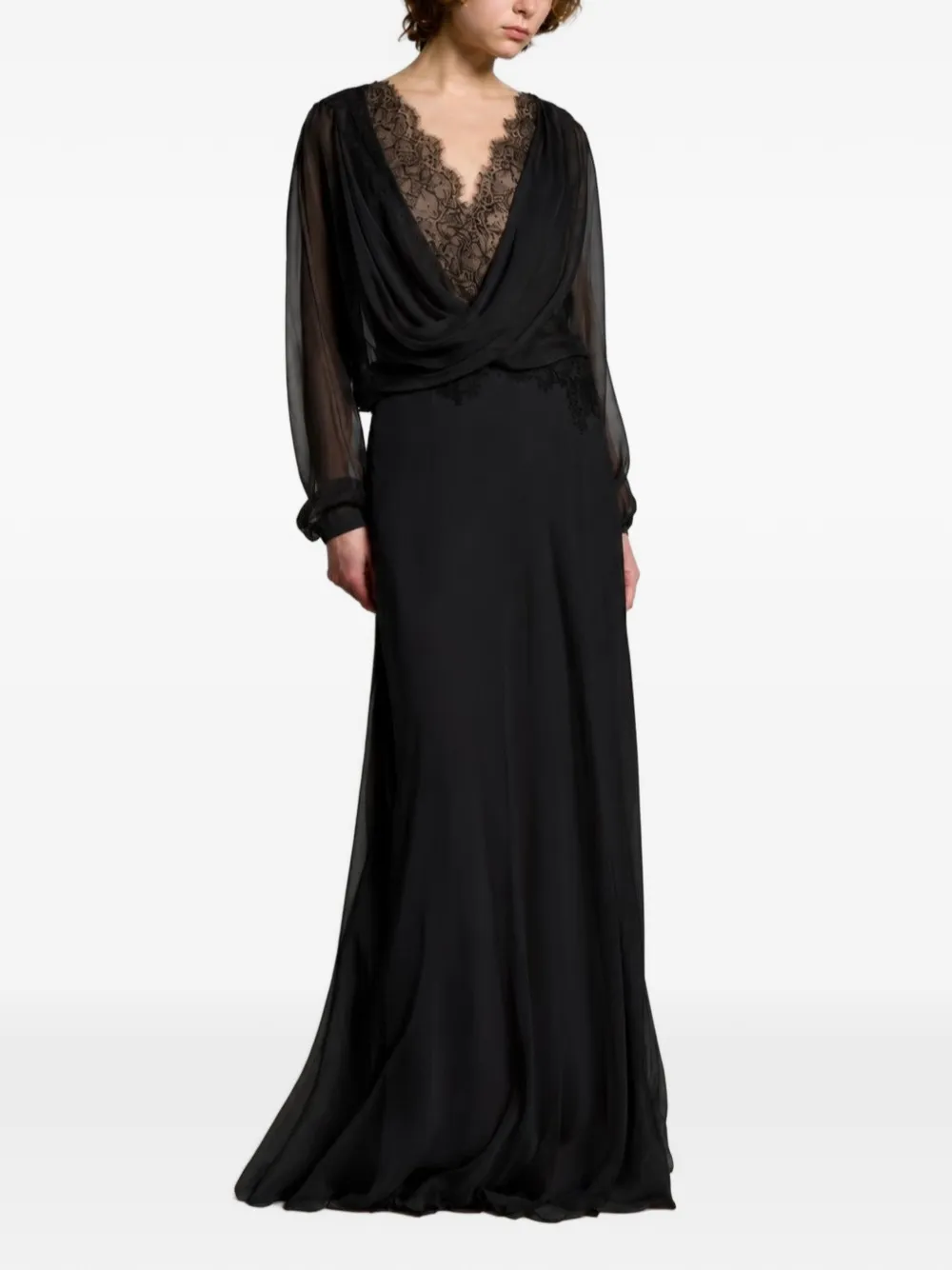 Alberta Ferretti Gedrapeerde maxi-jurk met kanten afwerking Zwart