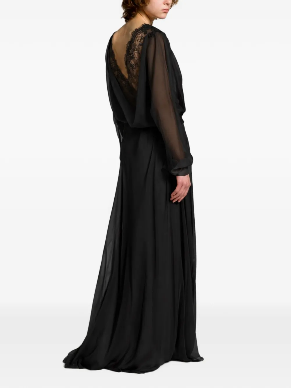 Alberta Ferretti Gedrapeerde maxi-jurk met kanten afwerking Zwart