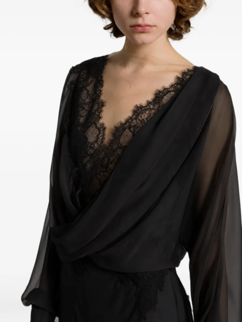 Alberta Ferretti Gedrapeerde maxi-jurk met kanten afwerking Zwart