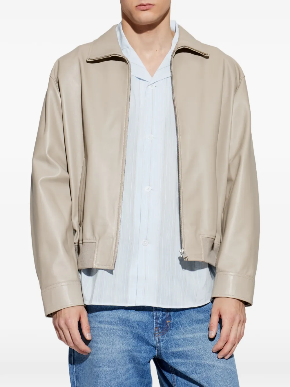 FRAME Leather Bomber Jacket in Neutrals, view 3