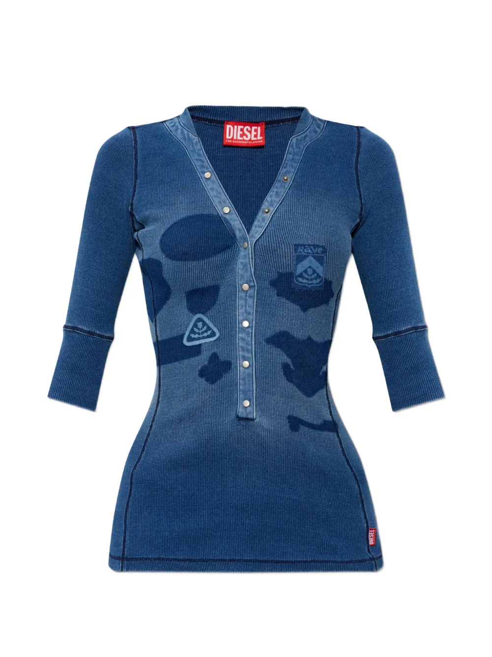 Diesel Gerippte Henley Bluse mit Logo-Patch - Blau