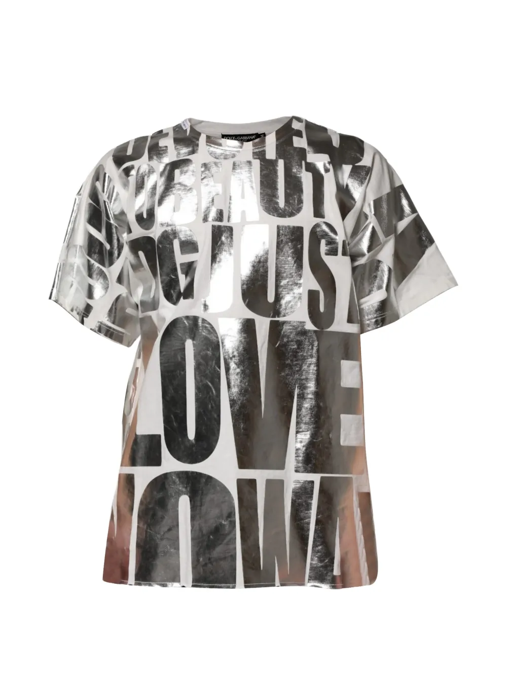 Dolce & Gabbana T-Shirt im Metallic-Look mit Slogan-Print - Weiß