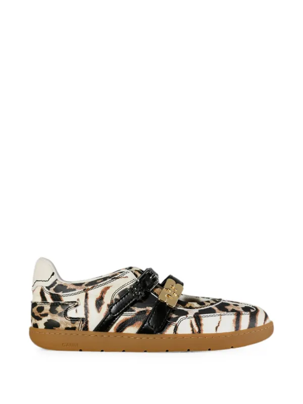 Ganni Animal-print Buckle Ballet Flats in Neutrals