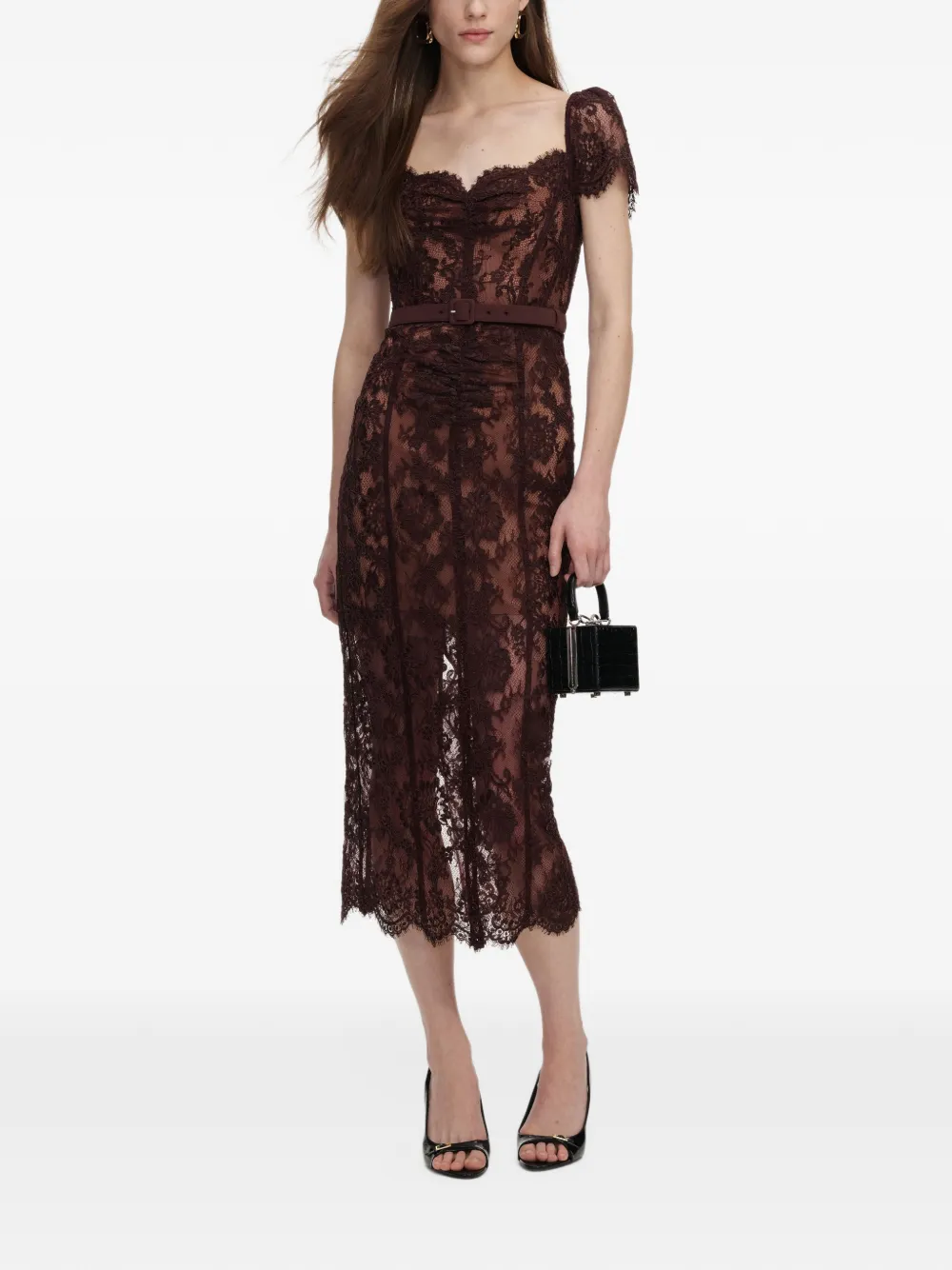 Self-Portrait belted floral-lace midi dress - Marrone