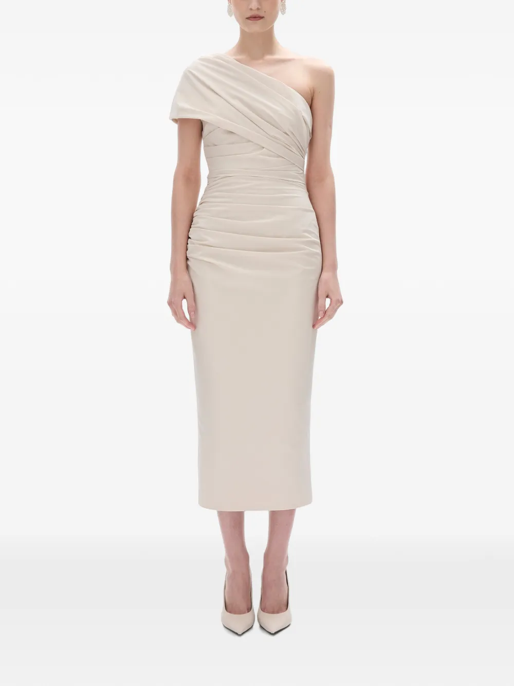 Rachel Gilbert Clay asymmetrische midi-jurk met ruches Beige