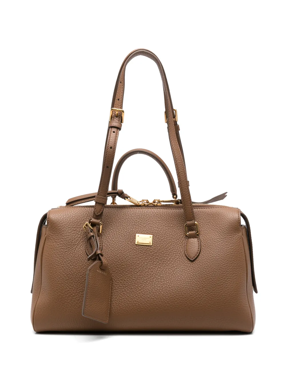 Dolce & Gabbana logo-plaque pebbled-leather tote bag - Marrone