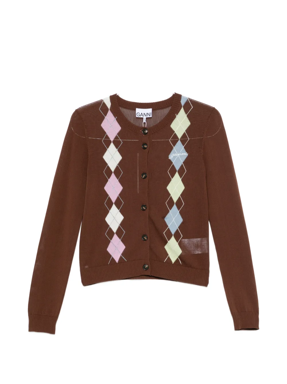 GANNI argyle-pattern button-up cardigan - Brown