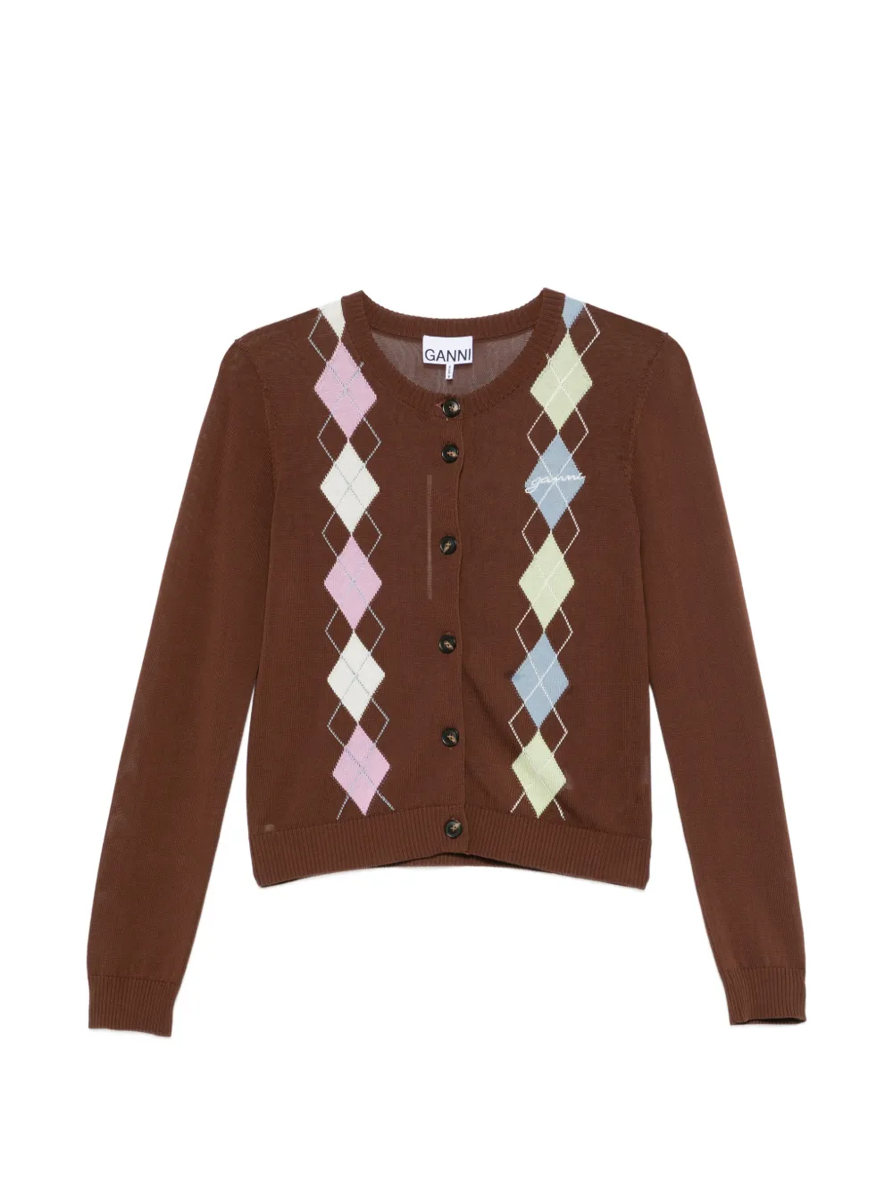 GANNI argyle-pattern button-up cardigan - Marrone