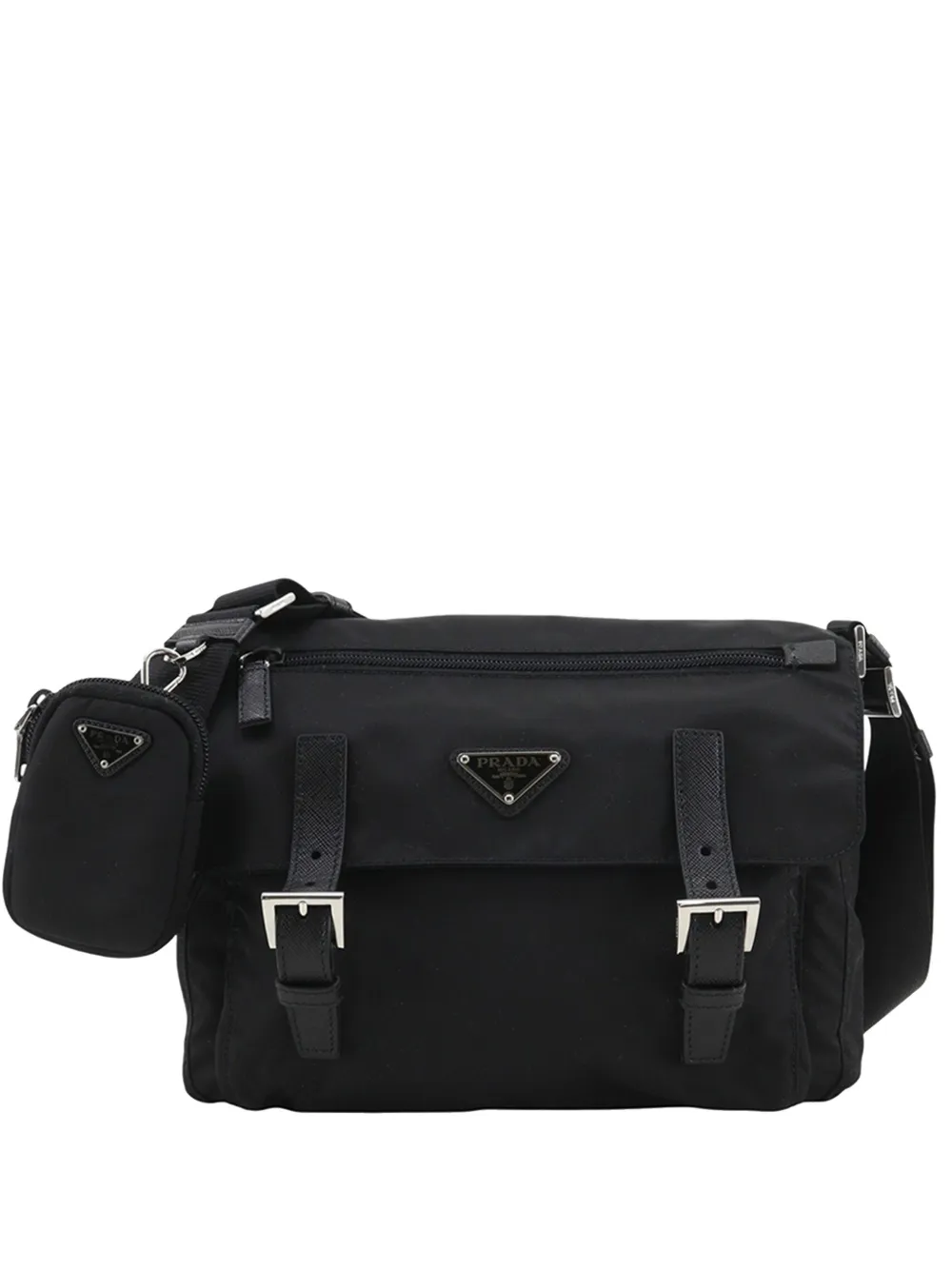 Prada Pre-Owned Borsa a tracolla Re Nylon con finiture in pelle Saffiano, zip e doppia fibbia 2019-2026 - Nero