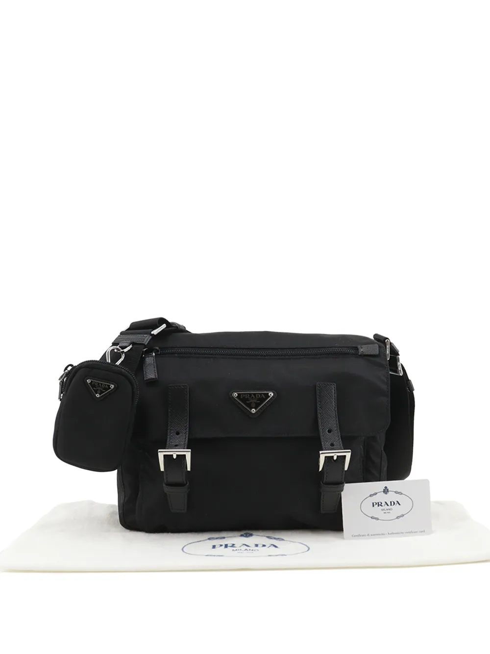  Prada Pre-owned 2019-2026 Saffiano Trimmed Re Nylon Zip Double Buckle Messenger Bag Crossbody Bag - Noir 