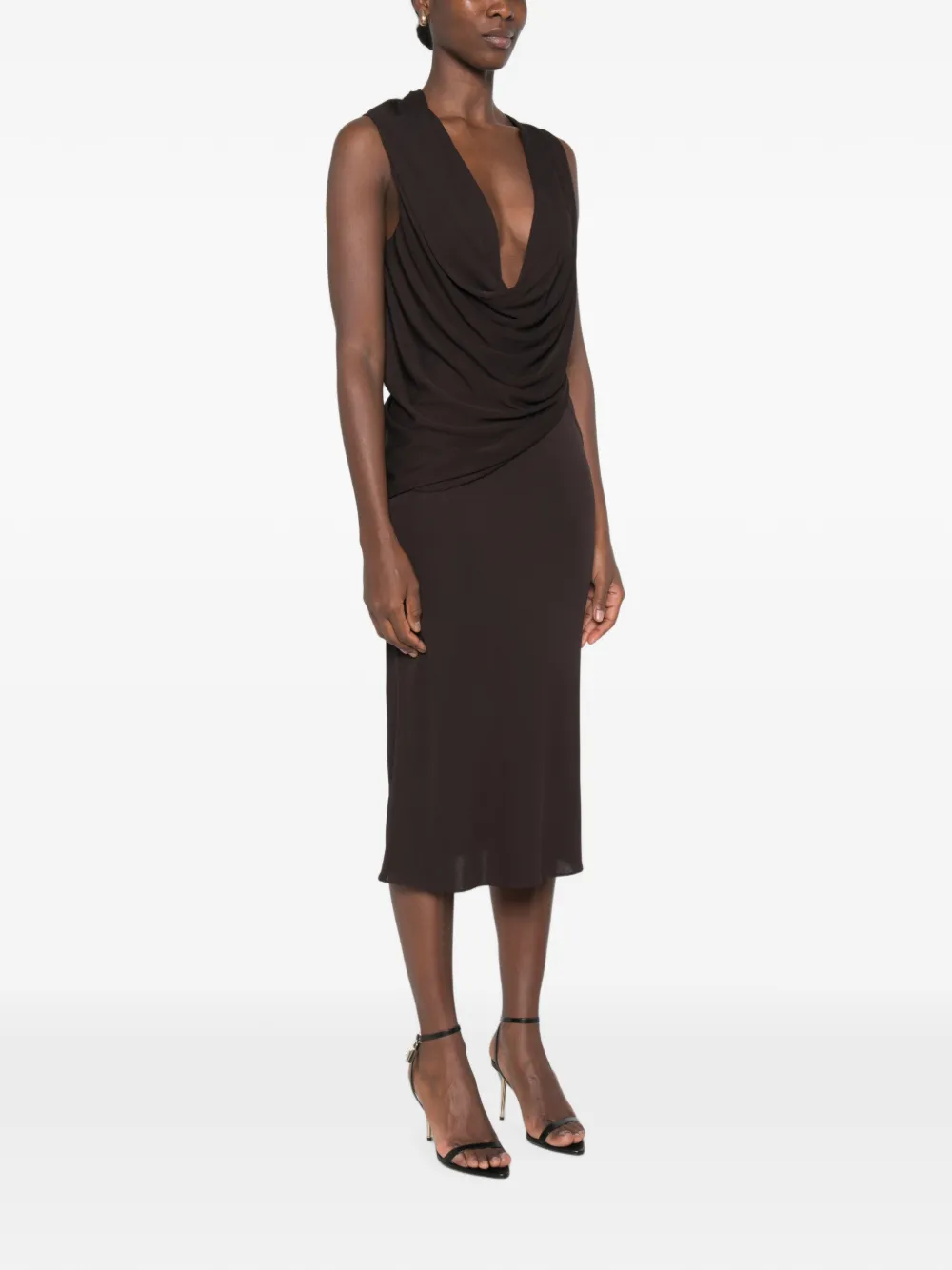 TOM FORD Gedrapeerde midi-jurk met diepe hals Bruin