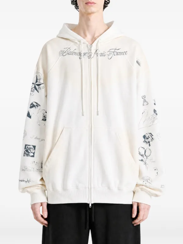 Balenciaga tattoo-print zip-up Hoodie | White | FARFETCH JO