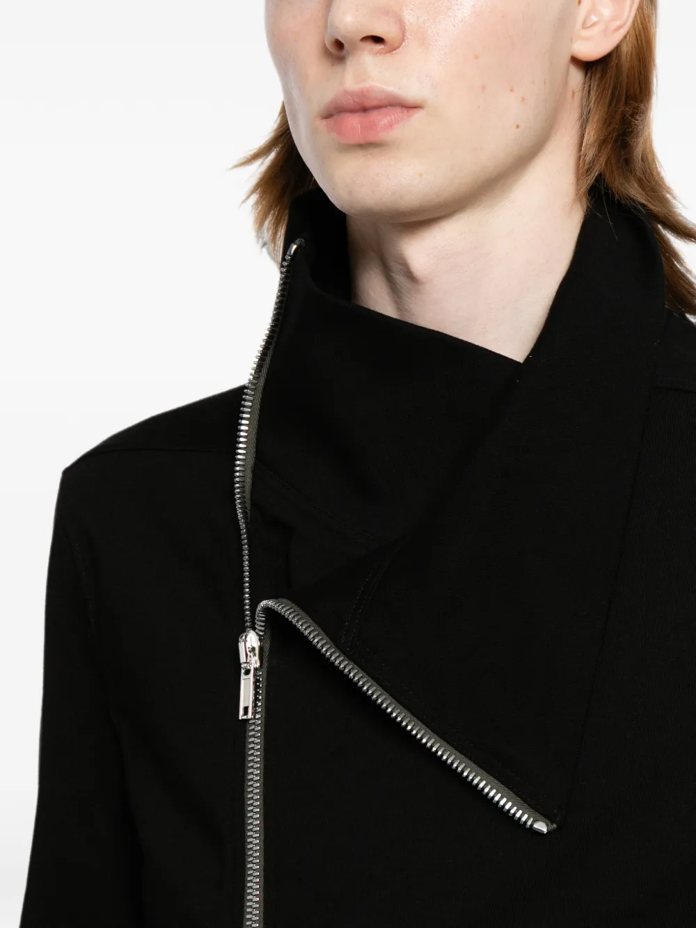 Rick Owens Jack met trechterhals en asymmetrische rits Zwart