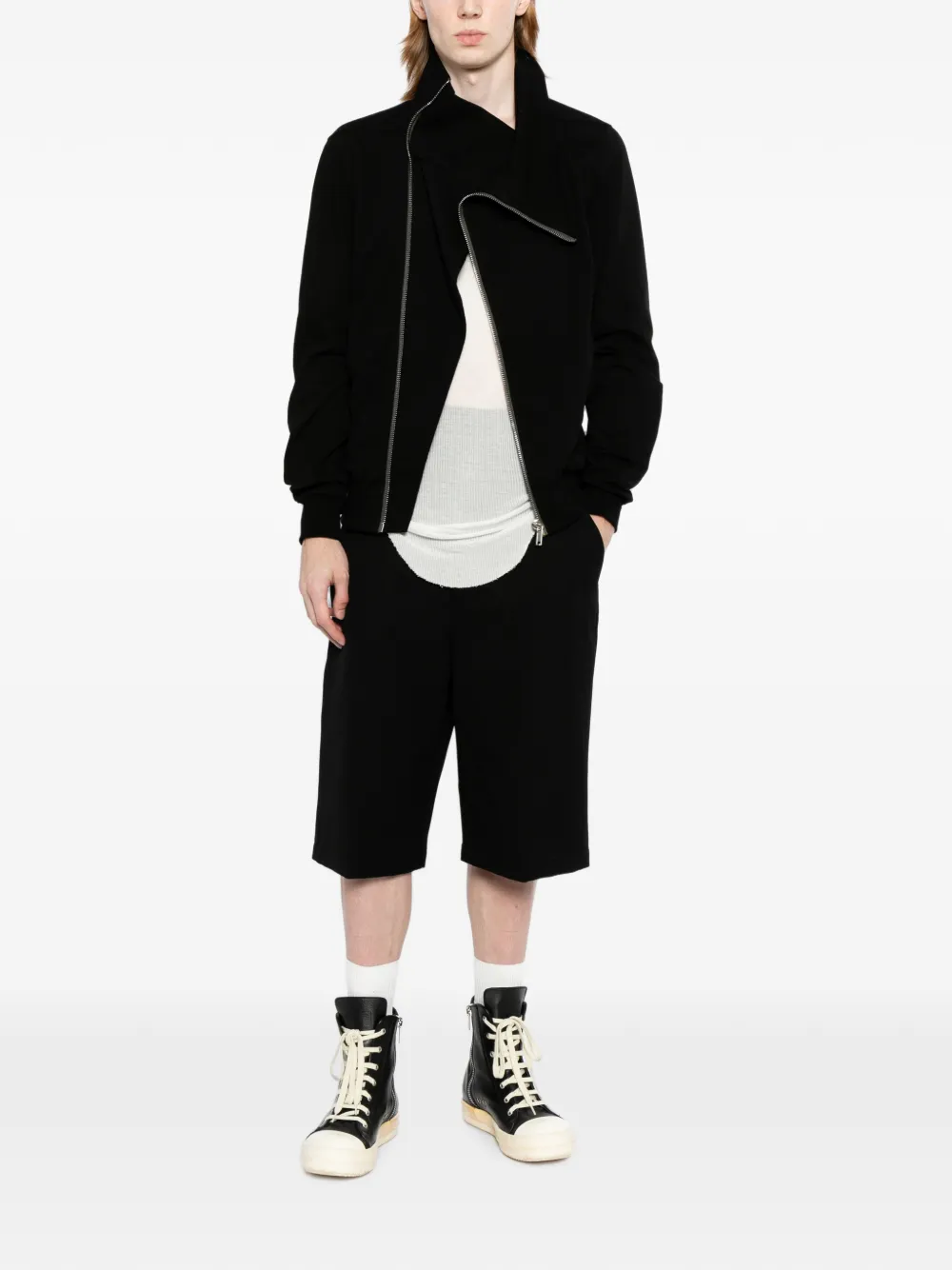 Rick Owens Jack met trechterhals en asymmetrische rits Zwart