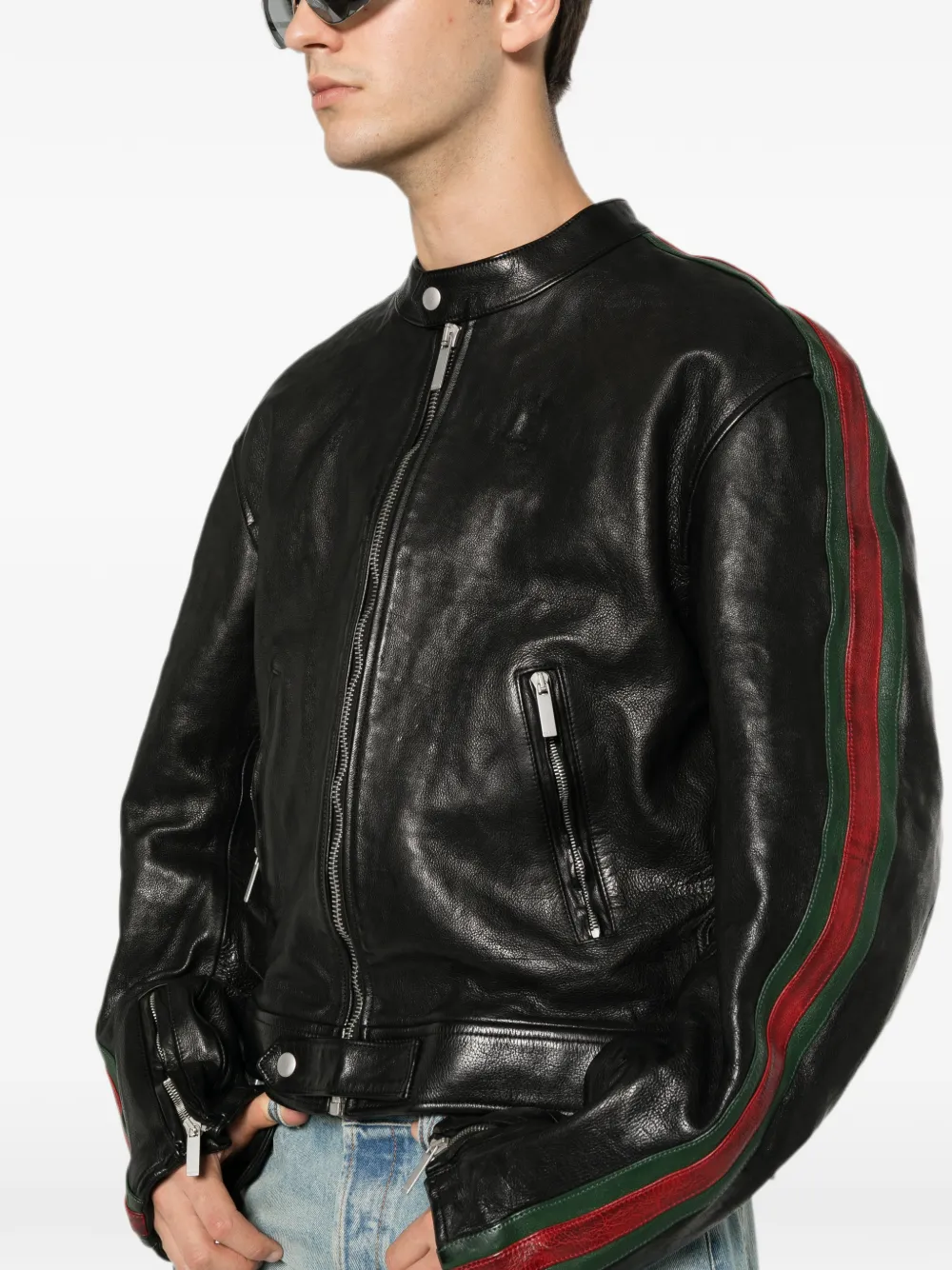 Gucci Buffalo leren bikerjack met Web-design Zwart