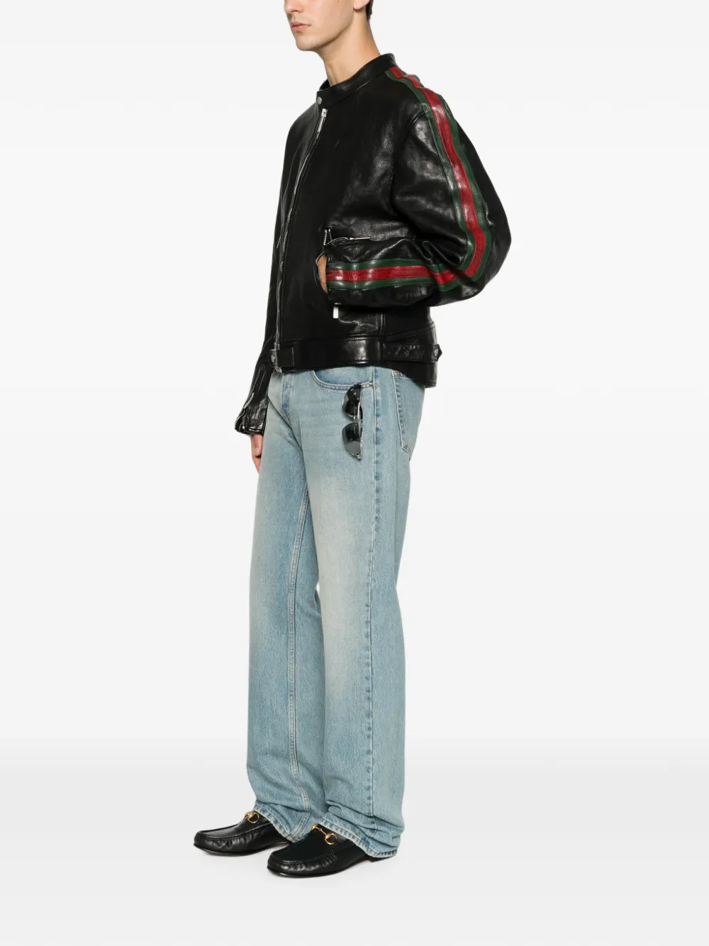 Gucci Buffalo leren bikerjack met Web-design Zwart
