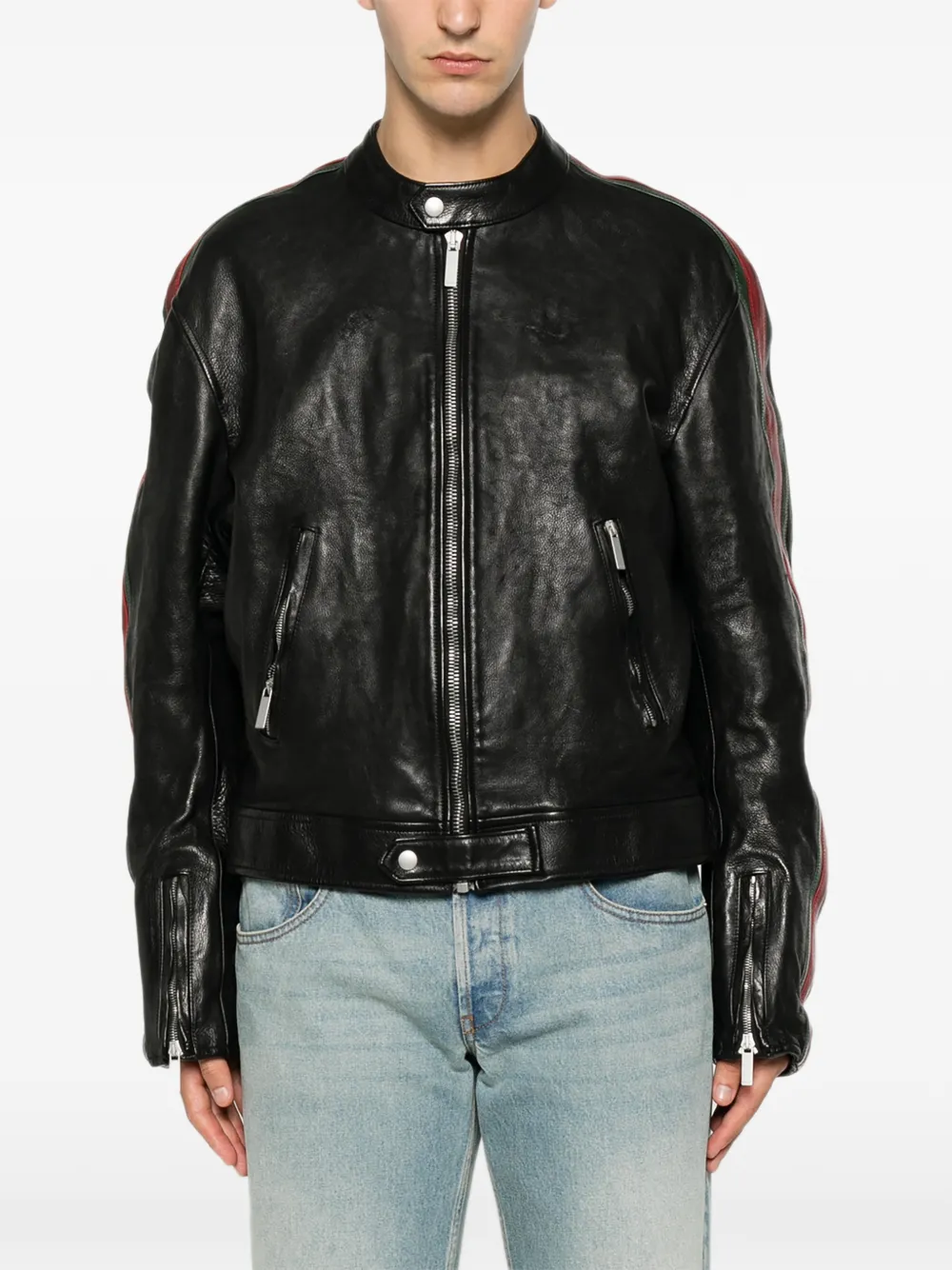Gucci Buffalo leren bikerjack met Web-design Zwart