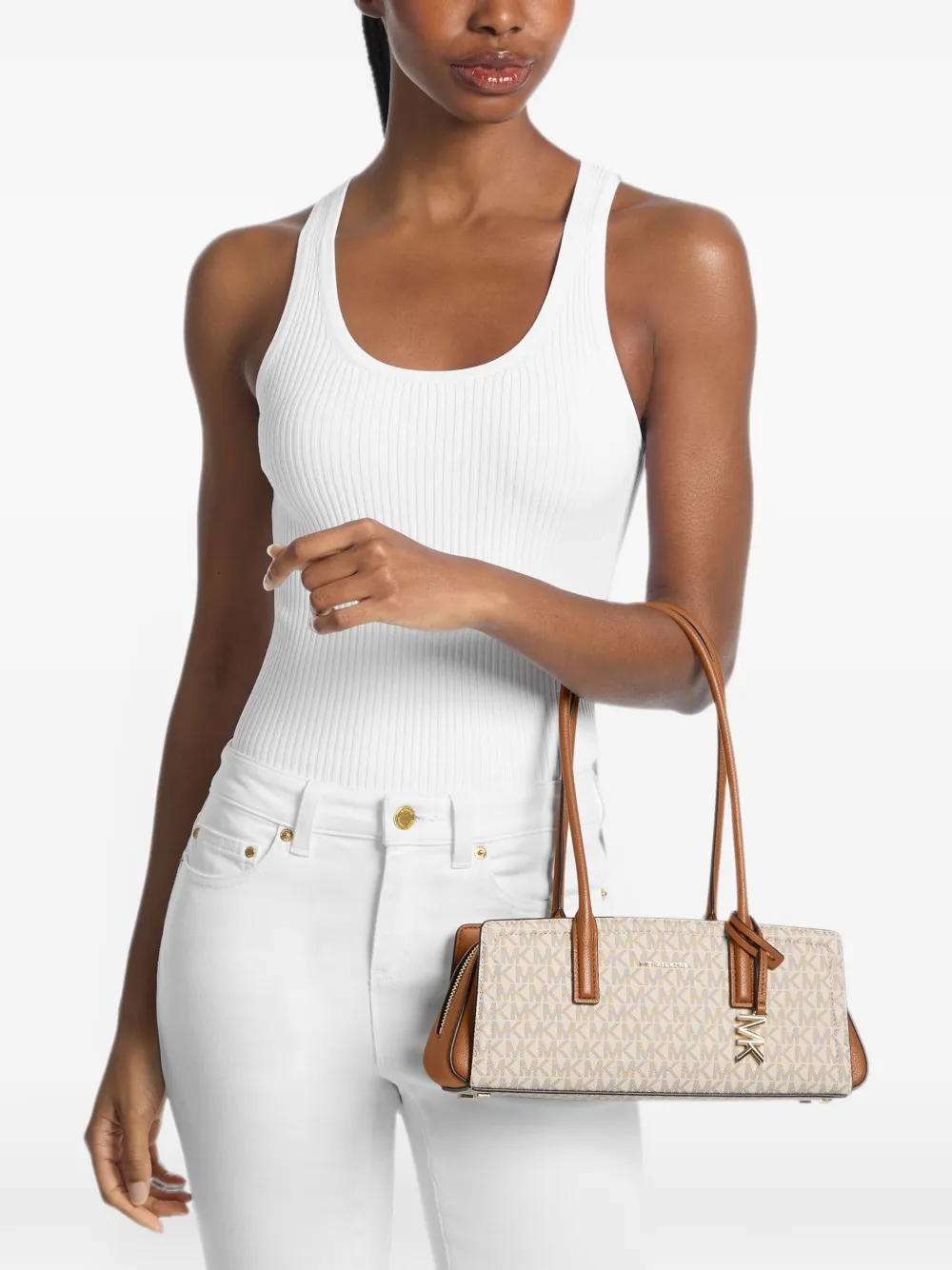 Michael Kors Kleine Laila East-West tas met monogramprint Beige