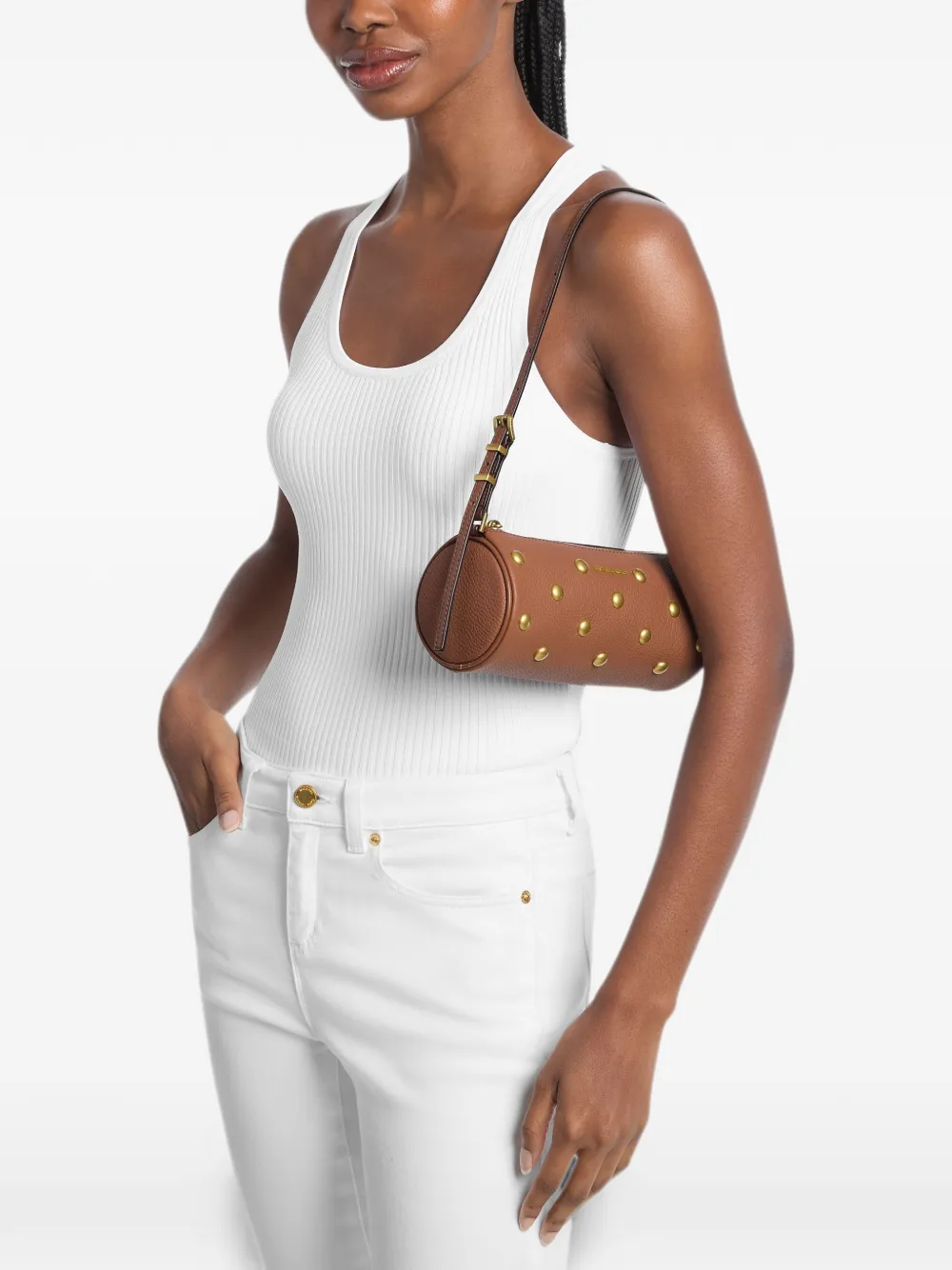 Michael Kors Izzy leren mini-schoudertas verfraaid met studs Bruin