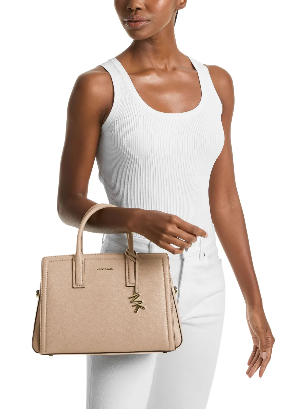 Michael Kors Medium Laila leren shopper met logo bedel Beige