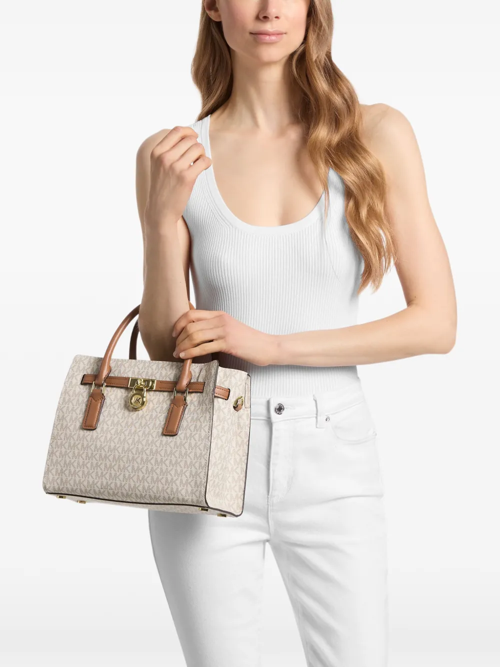 Michael Kors Kleine Hamilton Moderne shopper met monogram-print Beige