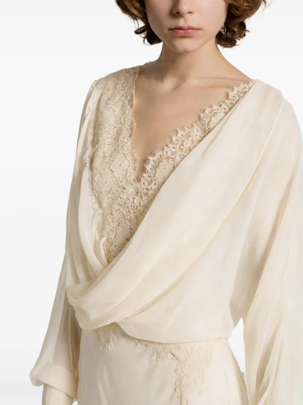 Alberta Ferretti lace-trimmed draped gown Wit