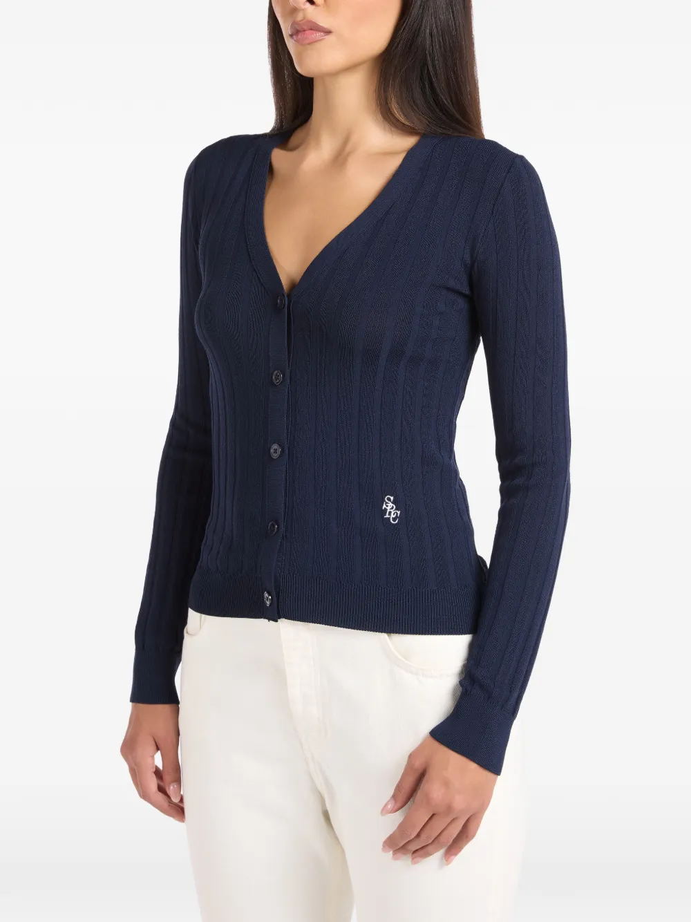 Sporty & Rich ribbed-knit V-neck cardigan Blauw
