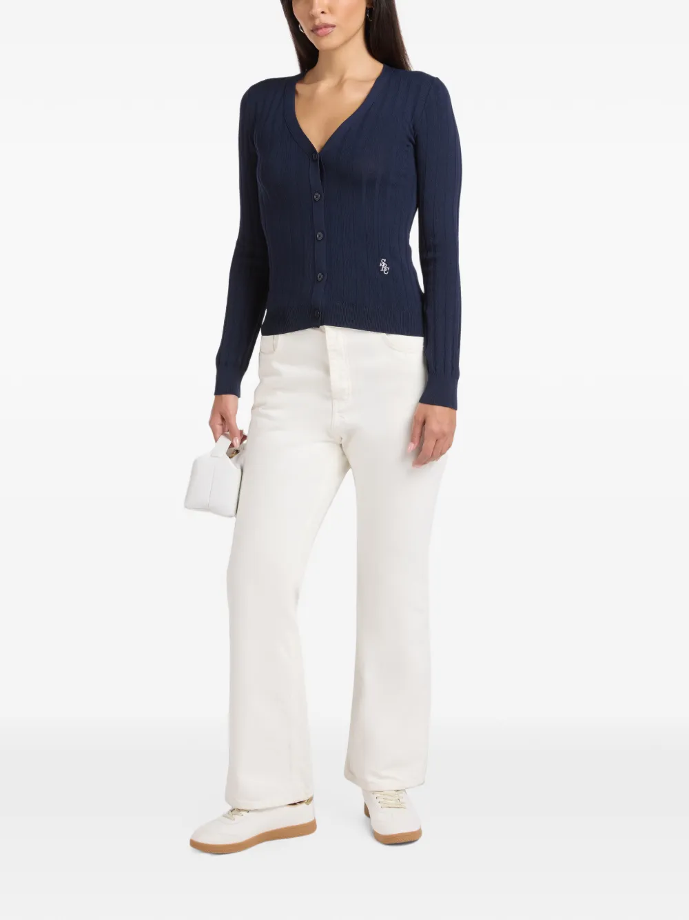 Sporty & Rich ribbed-knit V-neck cardigan Blauw