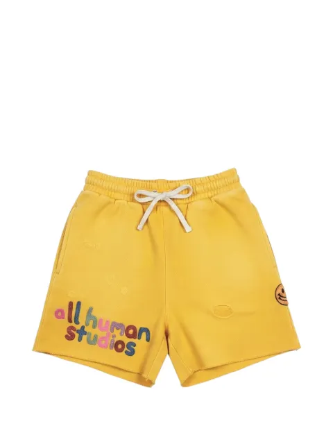 ALL HUMAN embroidered distressed track shorts