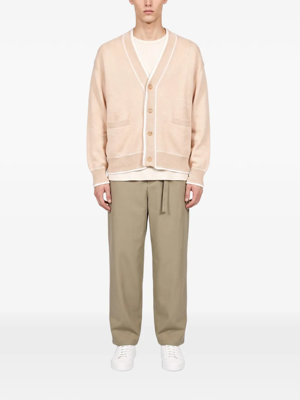 Laneus contrast-trim v-neck cardigan Beige