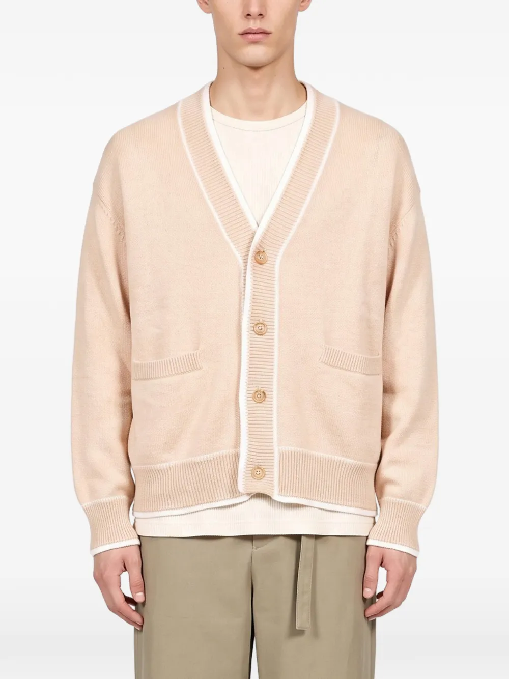 Laneus contrast-trim v-neck cardigan Beige