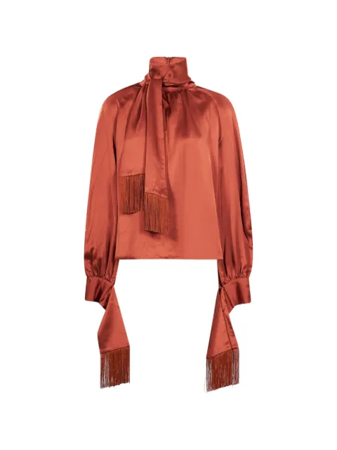 Rowen Rose fringe-trimmed tie-neck blouse