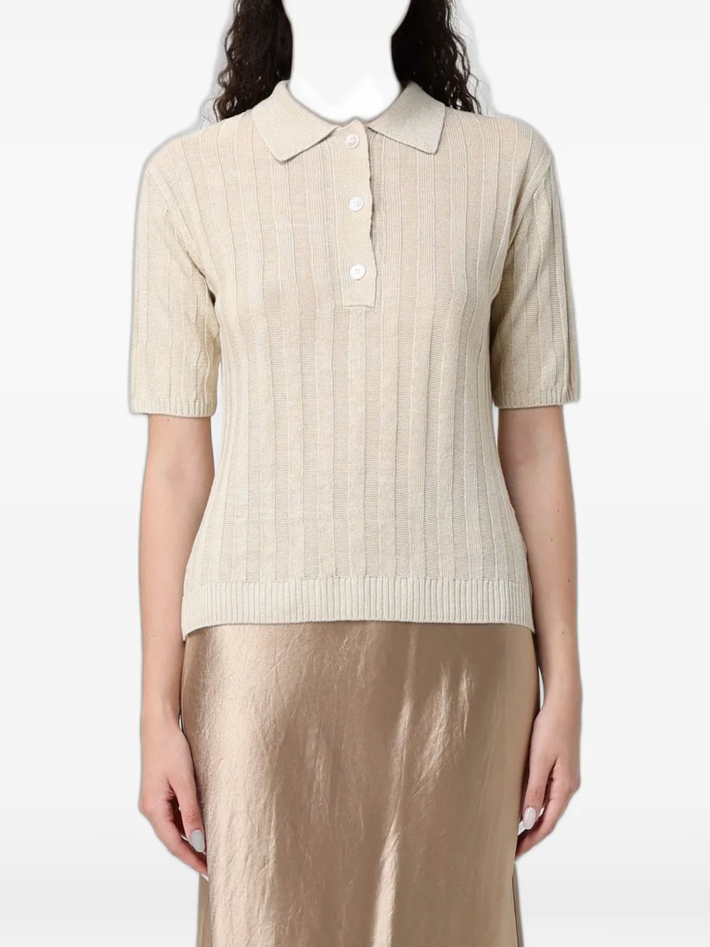 Max Mara Ribbed-knit Linen Polo Shirt In Neutral