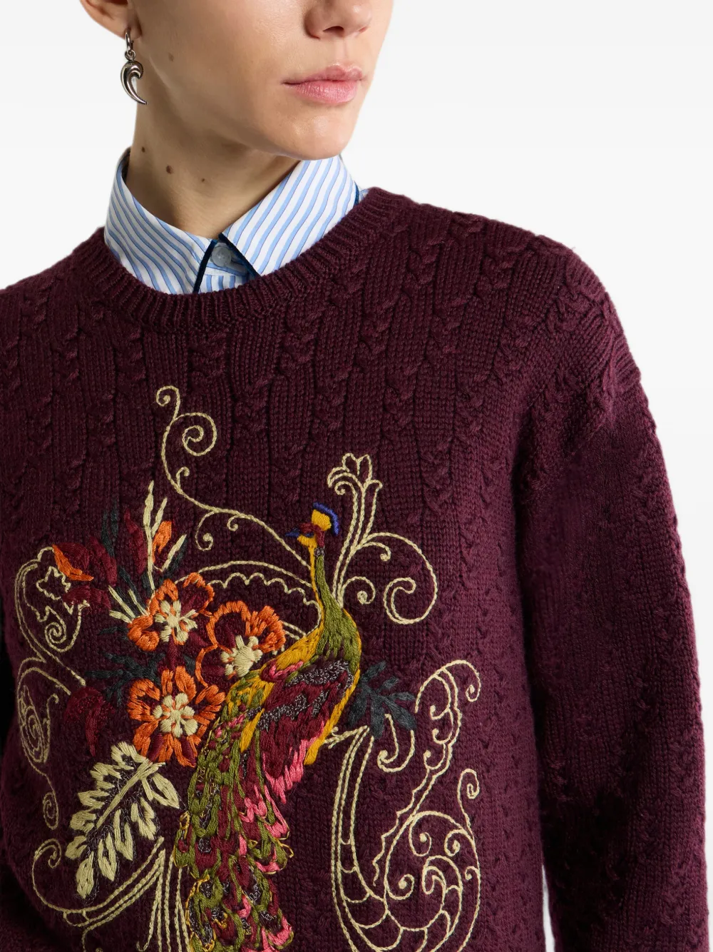 ETRO Cropped kabelgebreide kasjmier-blend trui met geborduurde pauw Rood