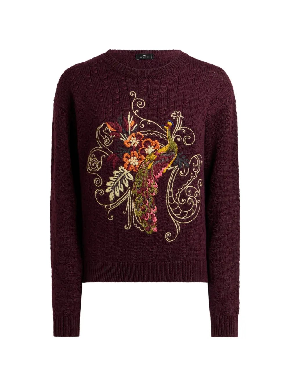 ETRO cropped cable-knit cashmere-blend sweater with peacock embroidery - Red