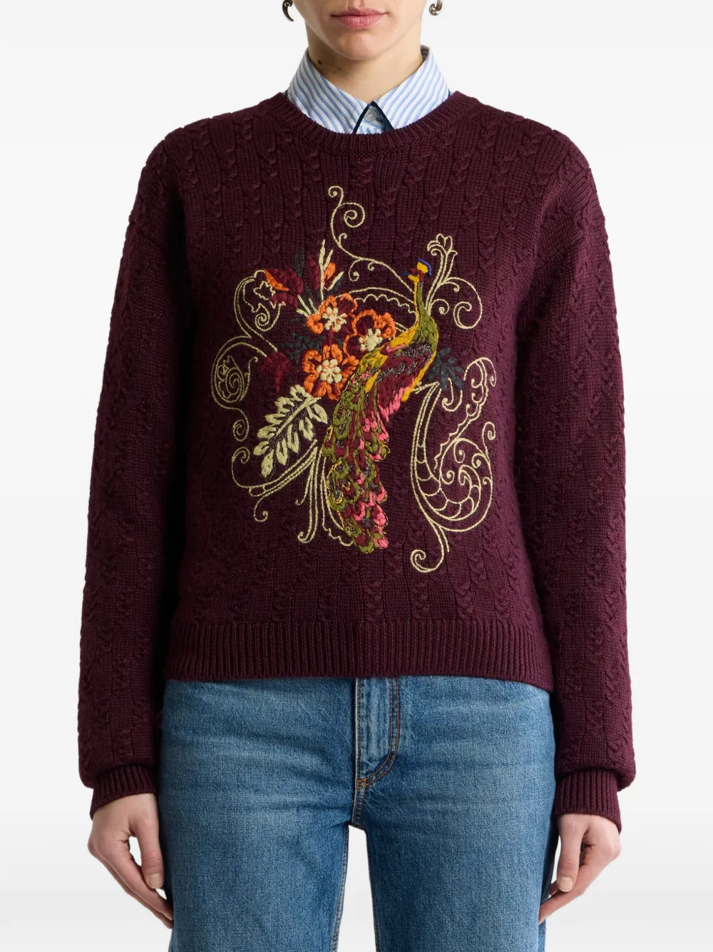 ETRO Cropped kabelgebreide kasjmier-blend trui met geborduurde pauw Rood