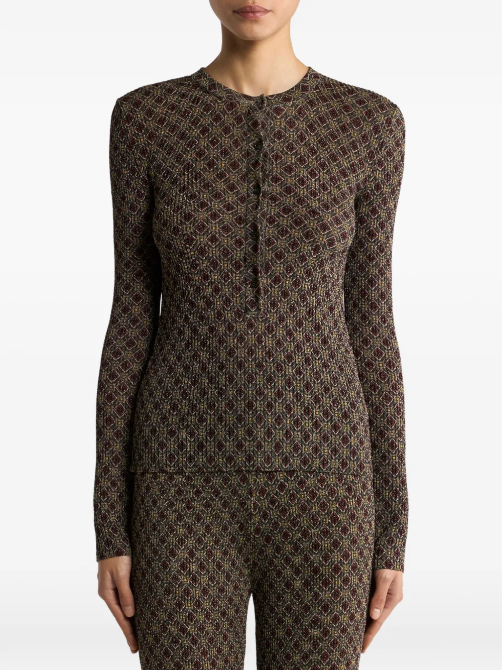 ETRO Geribbelde trui met henley-hals en micro-diamantpatroon Groen