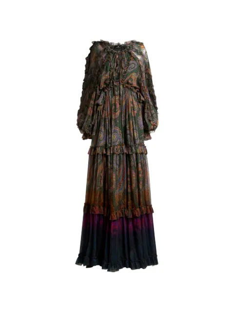 ETRO long silk dress with ruffles and placed degradé Paisley print