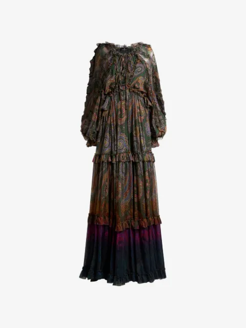 ETRO long silk dress with ruffles and placed degradé Paisley print