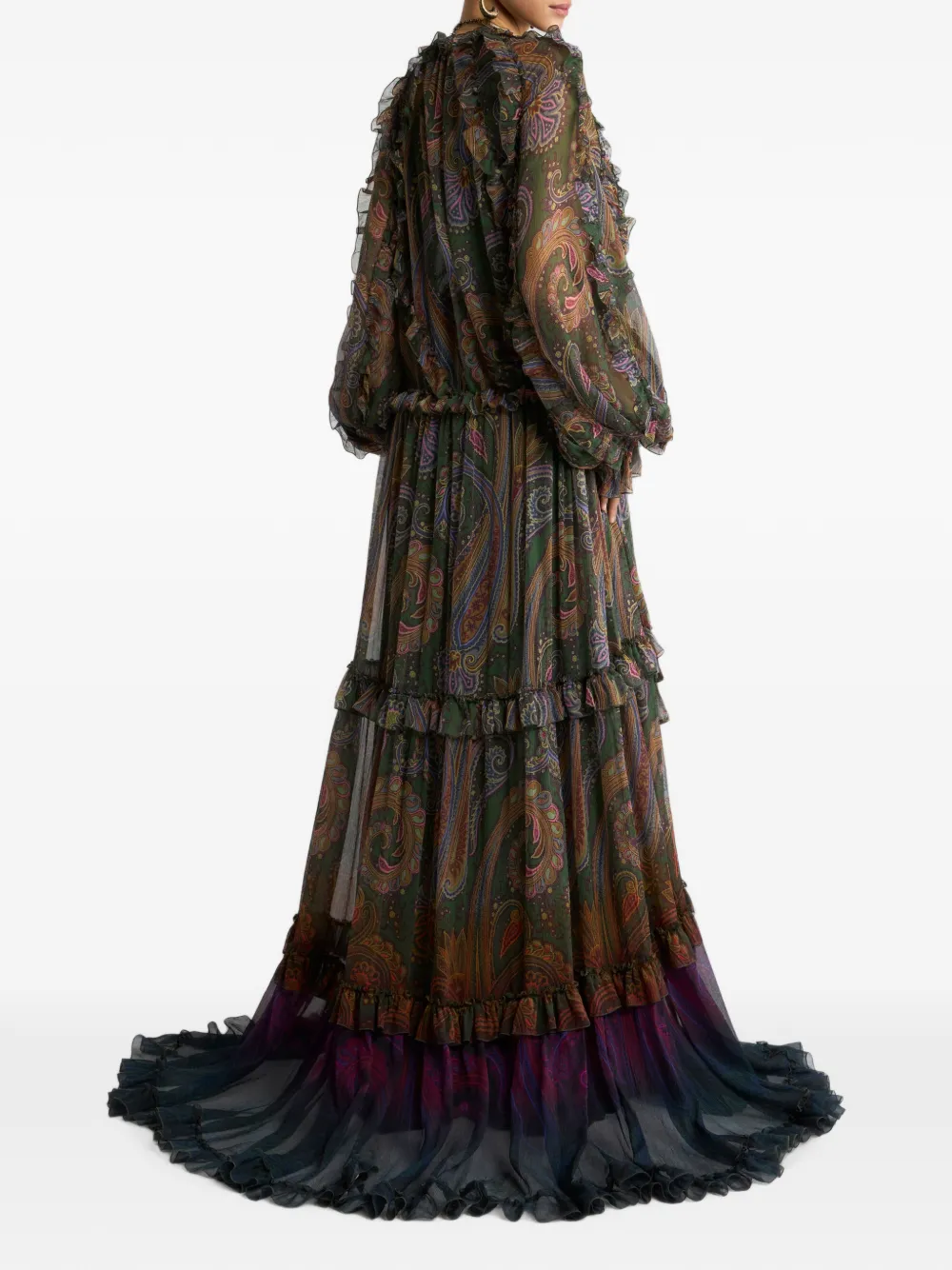 ETRO Lange zijden jurk met ruches en degradé Paisley print Groen