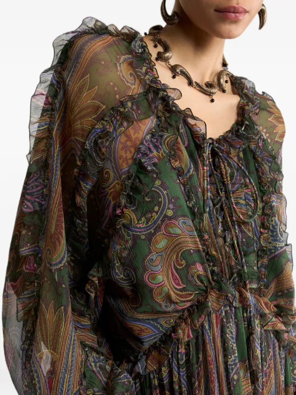 ETRO Long Silk Dress With Ruffles And Placed Degradé Paisley Print