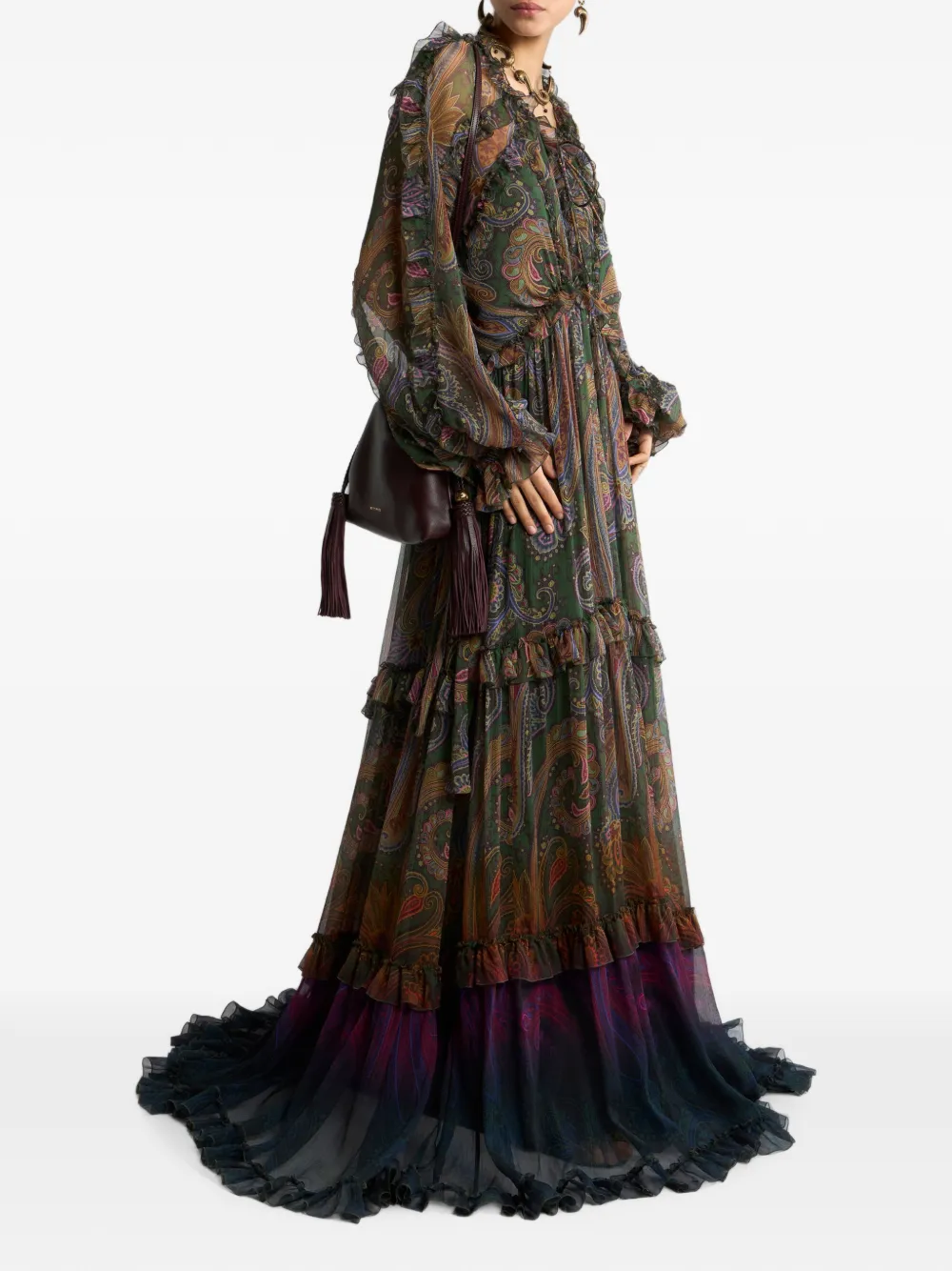 ETRO Lange zijden jurk met ruches en degradé Paisley print Groen