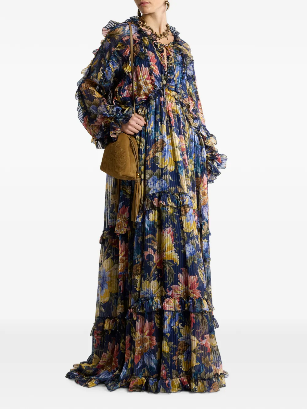 ETRO Zijden maxi-jurk met ruches en bloemenmotief Blauw