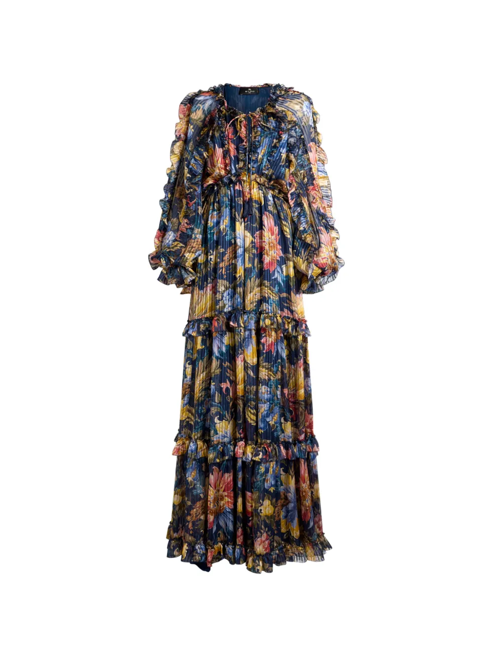 ETRO Abito lungo in seta a fiori con ruches - Blu